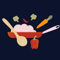 Illustration of dinner in a pan surrounded by vegetables