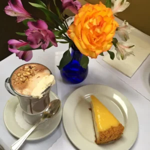 Patisserie Boissiere dessert, coffee and fresh flowers