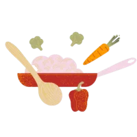 Illustration of dinner in a pan surrounded by vegetables