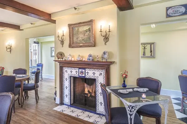 Patisserie Boissiere interior with fireplace